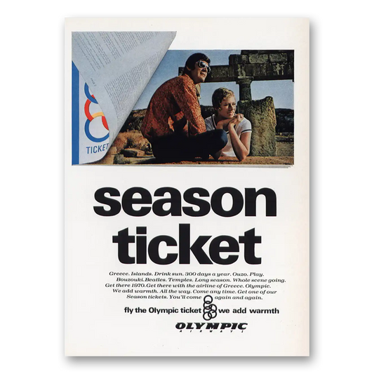 1970 Olympic Airways Season Ticket Vintage Magazine Print Ad