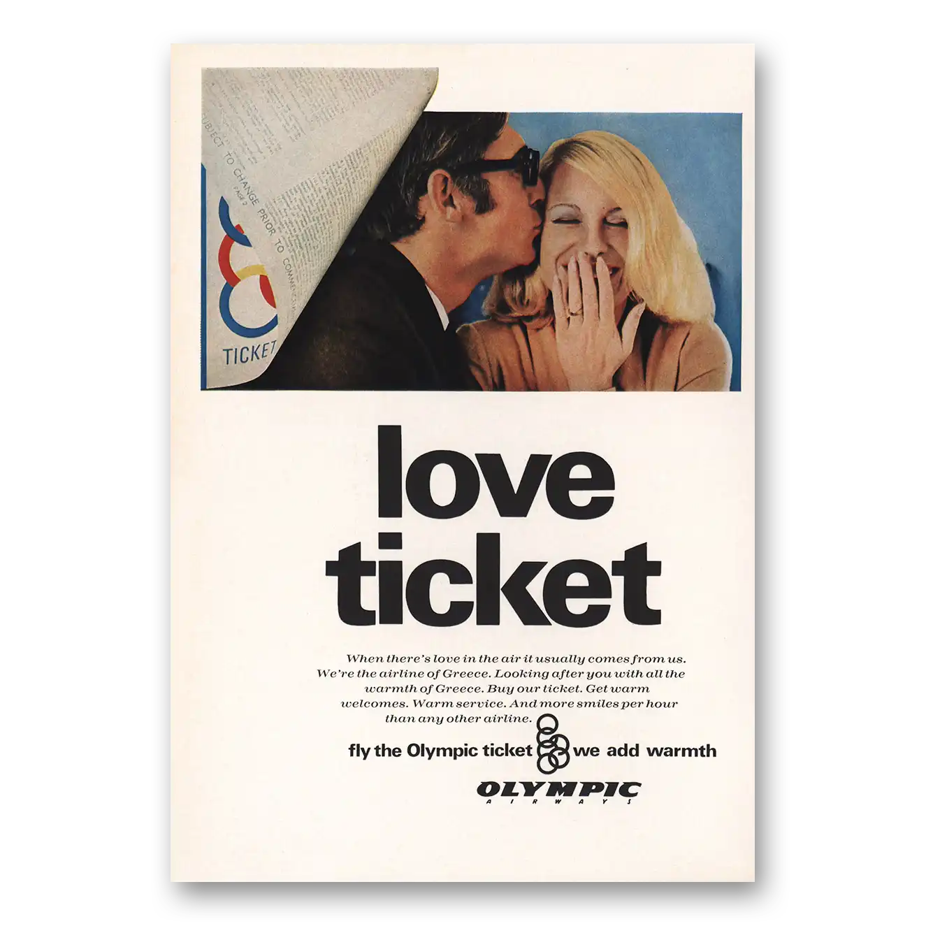 1970 Olympic Airways Love Ticket Vintage Magazine Print Ad