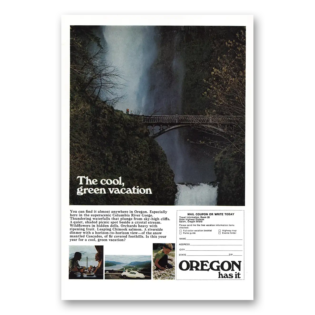 1970 Oregon Cool Green Vacation Columbia River Gorge Vintage Magazine Print Ad