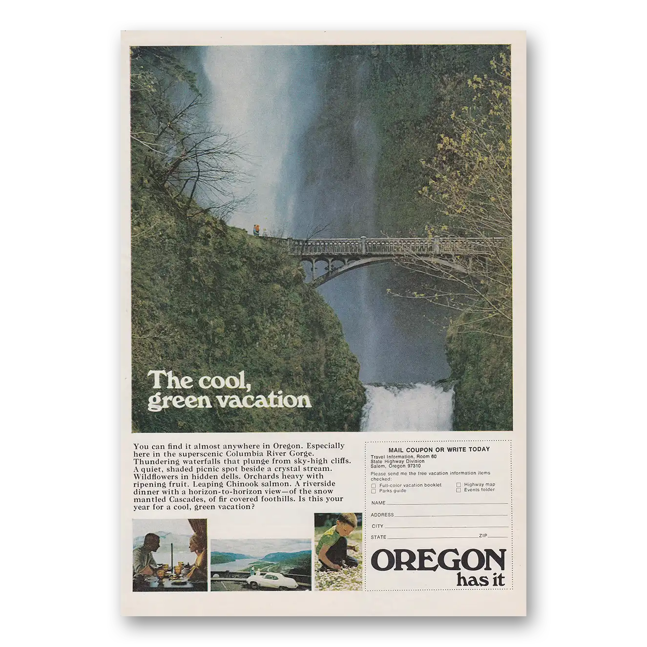 1970 Oregon Cool Green Vacation Columbia River Vintage Magazine Print Ad