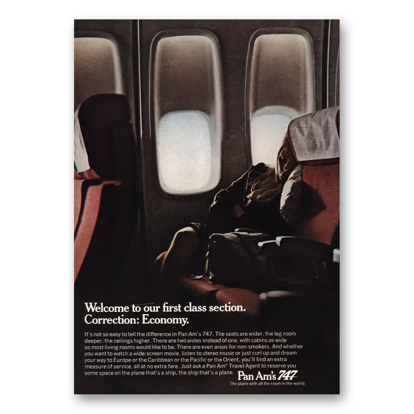 1970 Pan Am First Class Section Economy Vintage Magazine Print Ad