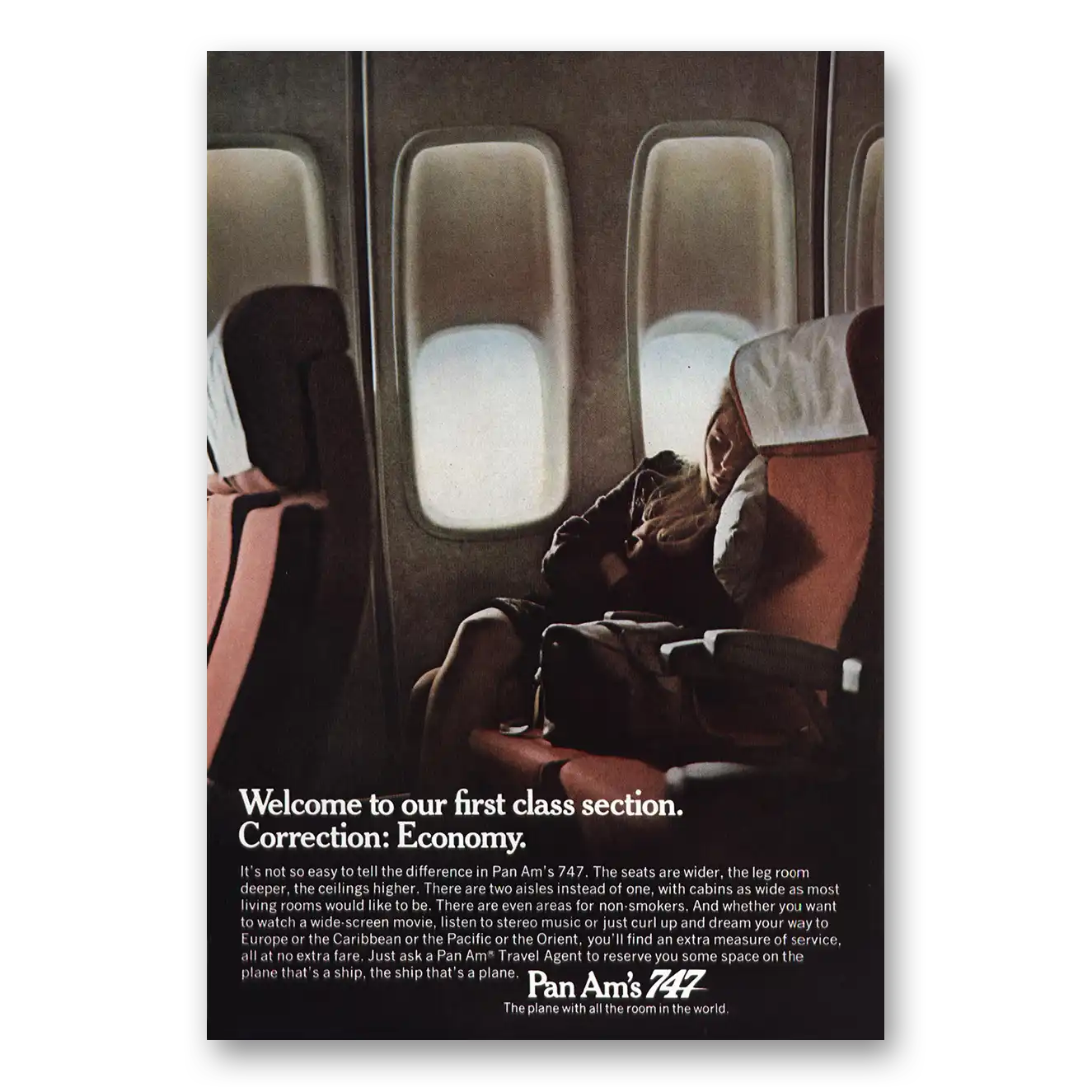 1970 Pan Am First Class Section Economy Vintage Magazine Print Ad