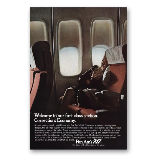 1970 Pan Am First Class Section Economy Vintage Magazine Print Ad