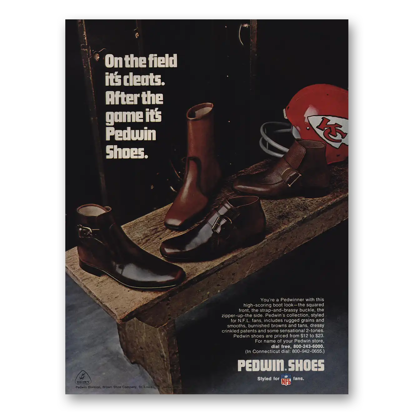 1970 Pedwin Shoes On the Field Its Cleats NFL KC Vintage Magazine Print Ad