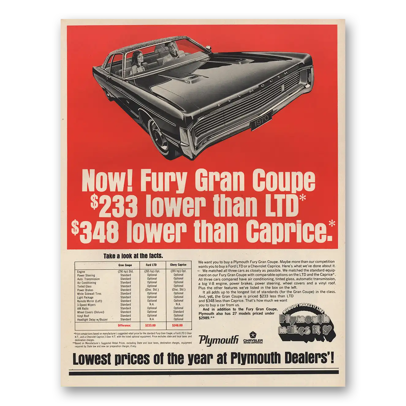 1970 Plymouth Fury Gran Coupe Lower Than LTD Caprice Vintage Magazine Print Ad