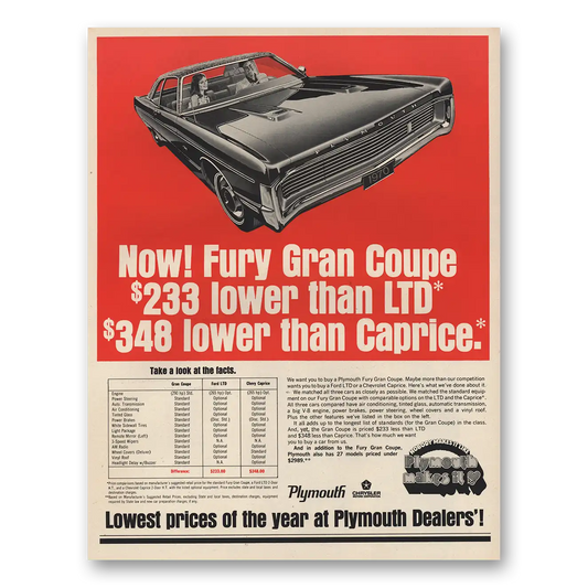 1970 Plymouth Fury Gran Coupe Lower Than LTD Caprice Vintage Magazine Print Ad