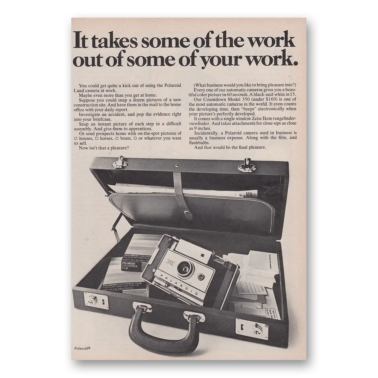 1970 Polaroid Land Camera Takes Some of the Work Out of Some of Your Work Vintage Magazine Print Ad