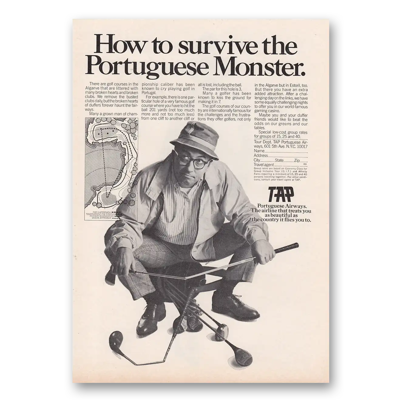 1970 Portuguese Airways Survive the Portuguese Monster Vintage Magazine Print Ad