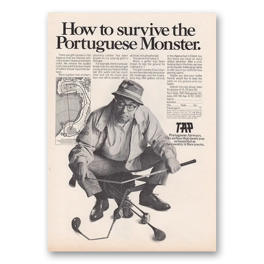 1970 Portuguese Airways Survive the Portuguese Monster Vintage Magazine Print Ad