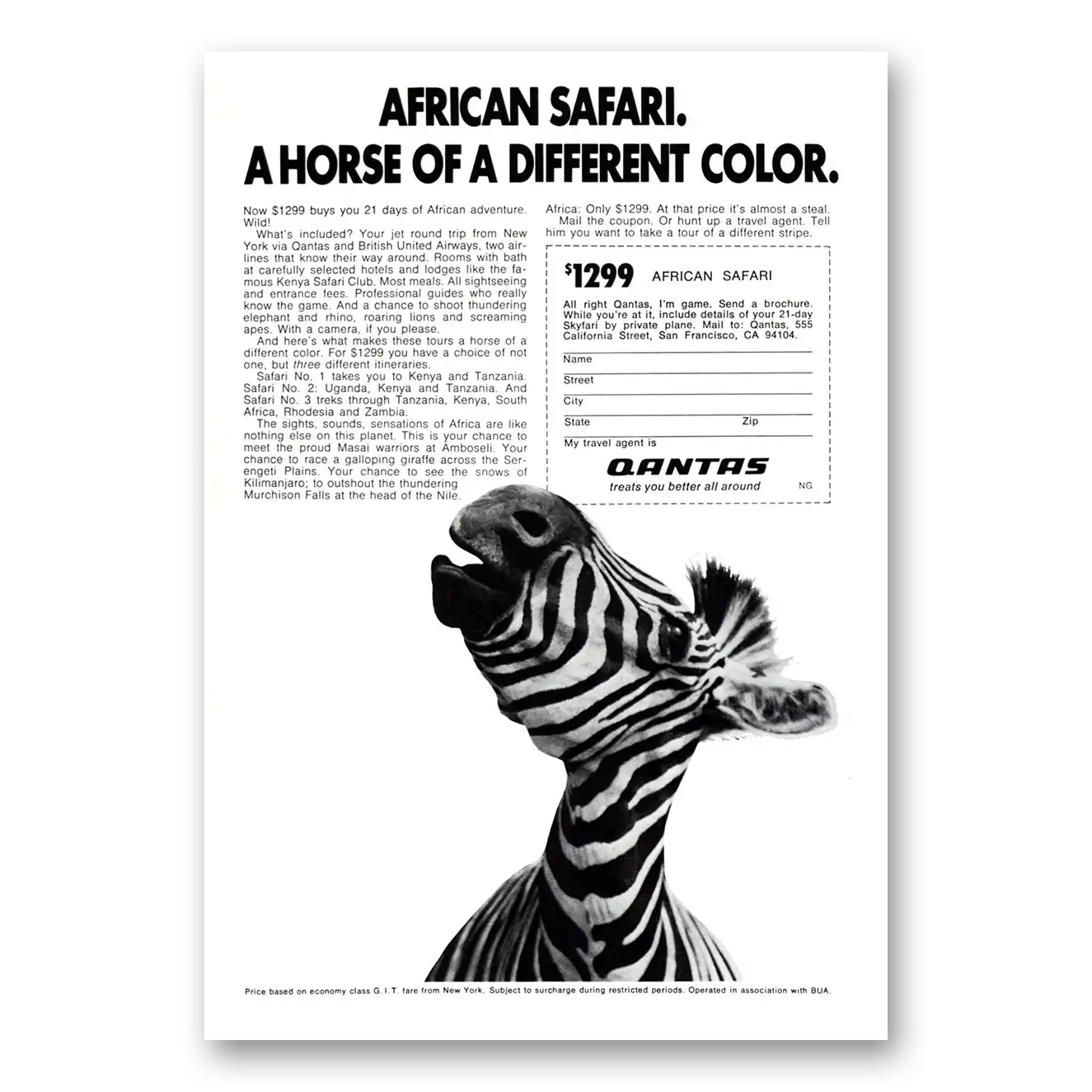 1970 Qantas Airlines African Safari Horse of Different Color Vintage Magazine Print Ad