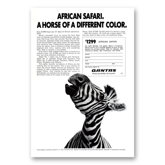 1970 Qantas Airlines African Safari Horse of Different Color Vintage Magazine Print Ad