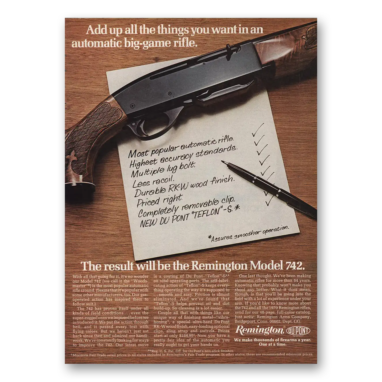 1970 Remington Arms Model 742 Automatic Big Game Rifle Vintage Magazine Print Ad