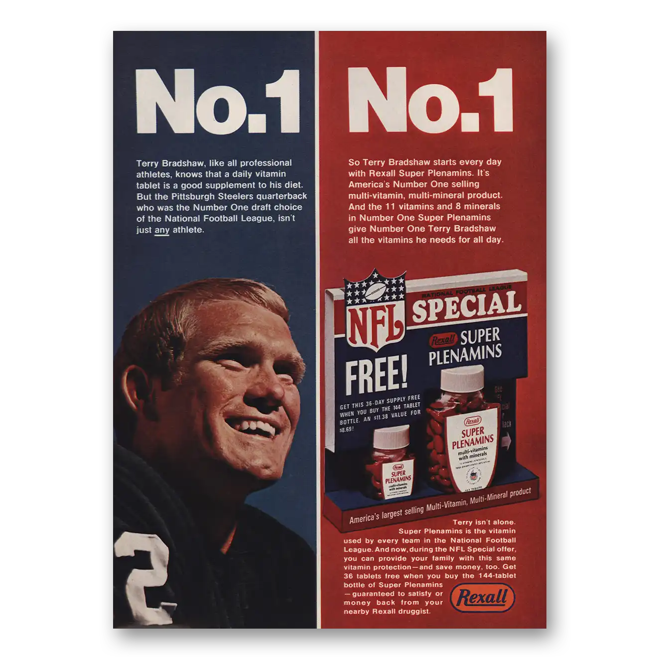 1970 Rexall Drug Stores Super Plenamins Terry Bradshaw Vintage Magazine Print Ad