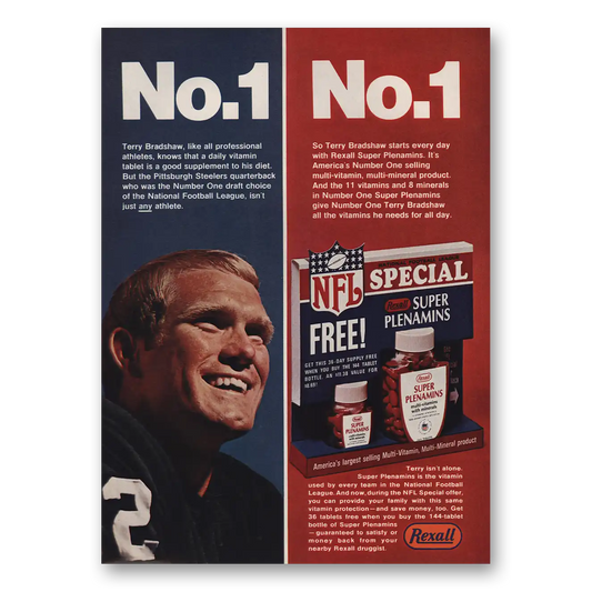 1970 Rexall Drug Stores Super Plenamins Terry Bradshaw Vintage Magazine Print Ad