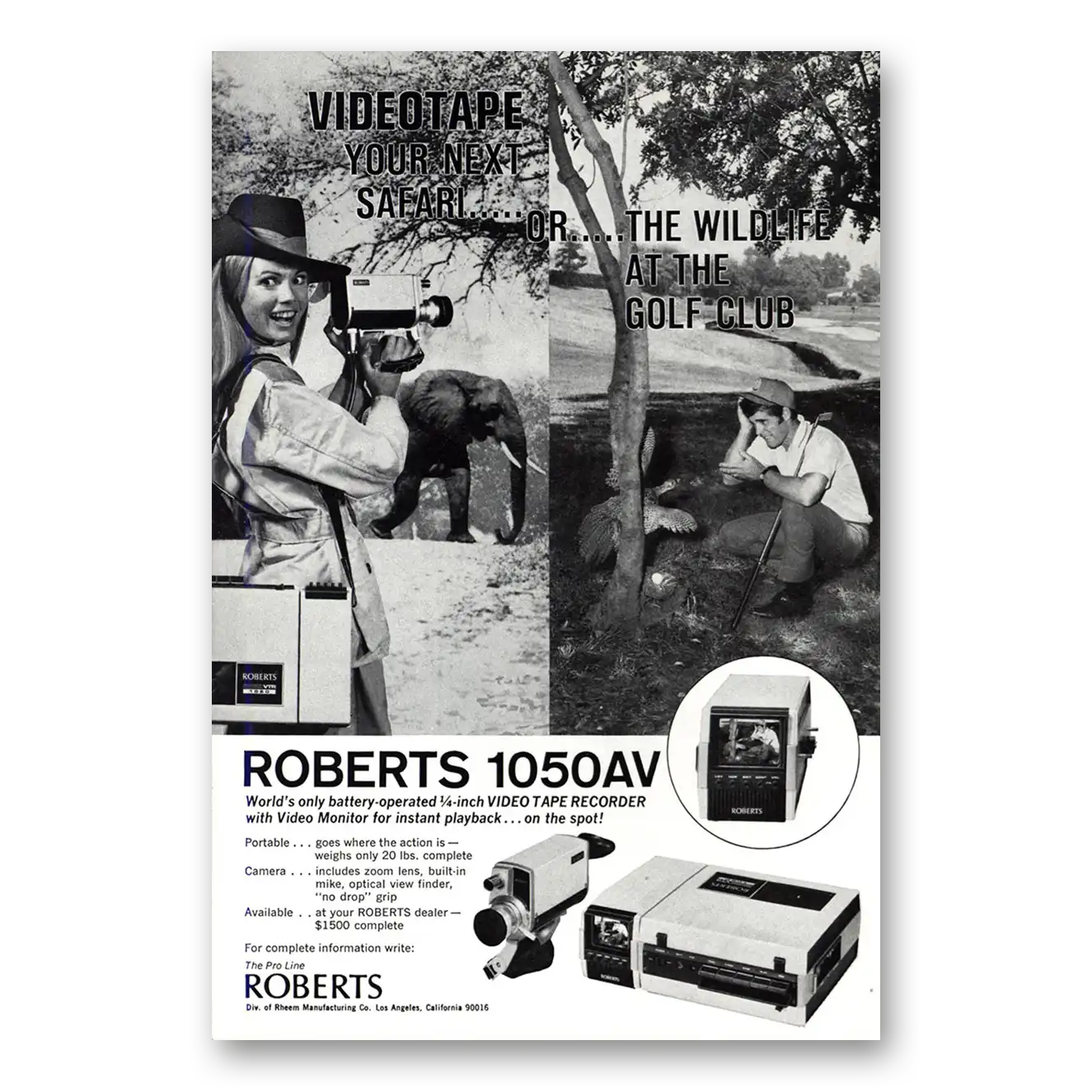 1970 Roberts Video Recorder Your Next Safari or Wildlife Vintage Magazine Print Ad