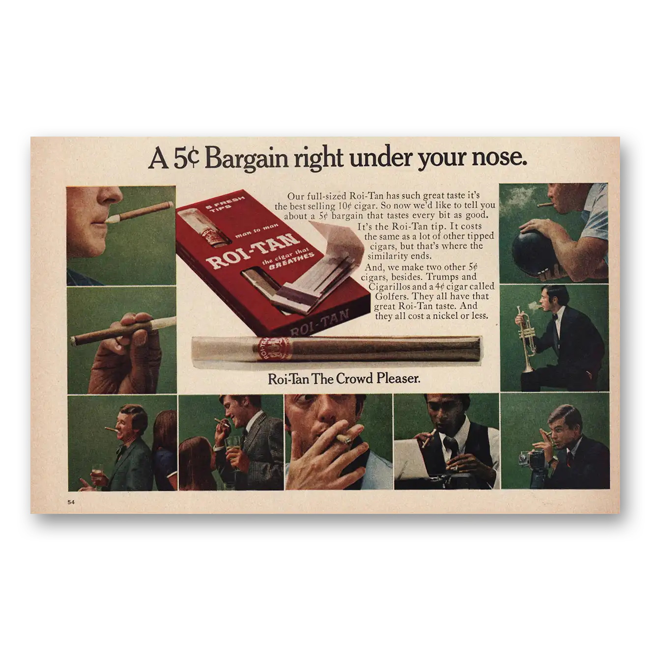 1970 Roi Tan Cigars Bargain Right Under Your Nose Vintage Magazine Print Ad