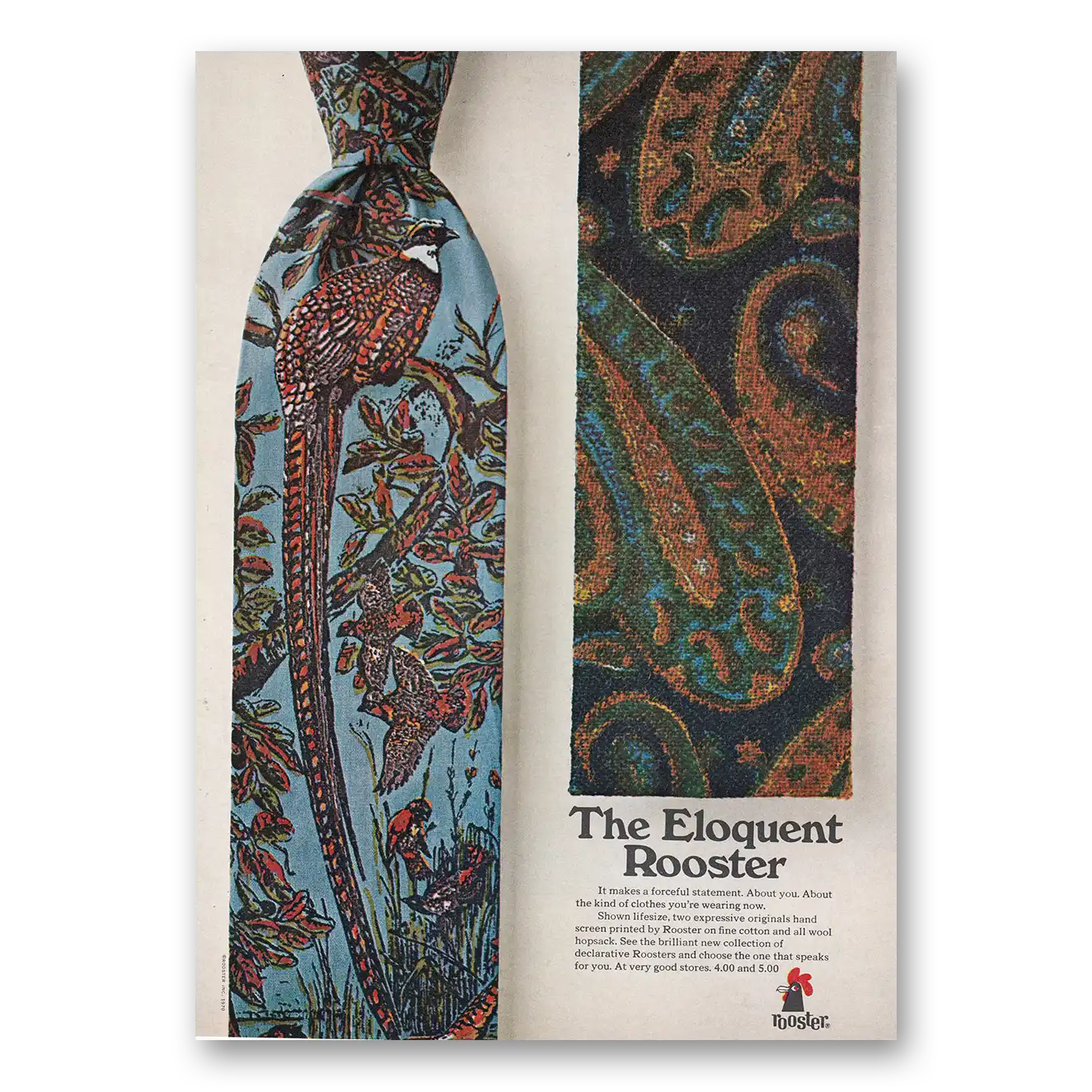 1970 Rooster Ties Elegant Rooster Tie Forceful Statement Vintage Magazine Print Ad