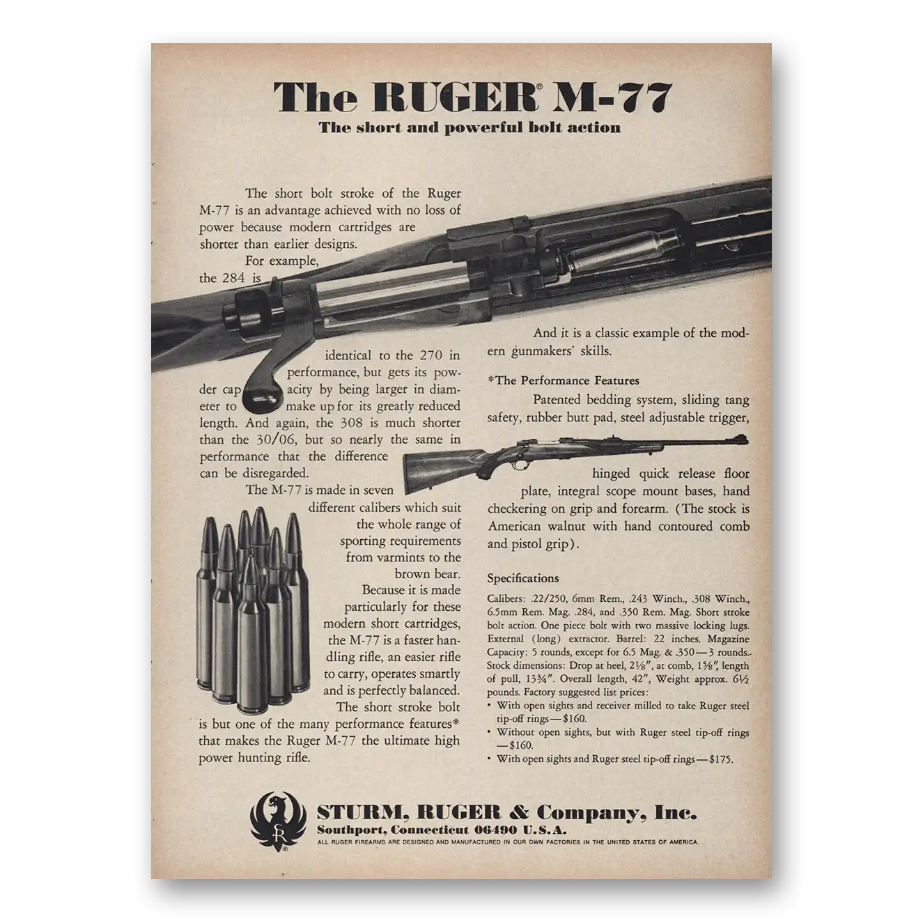 1970 Sturm Ruger Rifles M77 Short and Powerful Bolt Action Vintage Magazine Print Ad