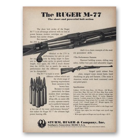 1970 Sturm Ruger Rifles M77 Short and Powerful Bolt Action Vintage Magazine Print Ad