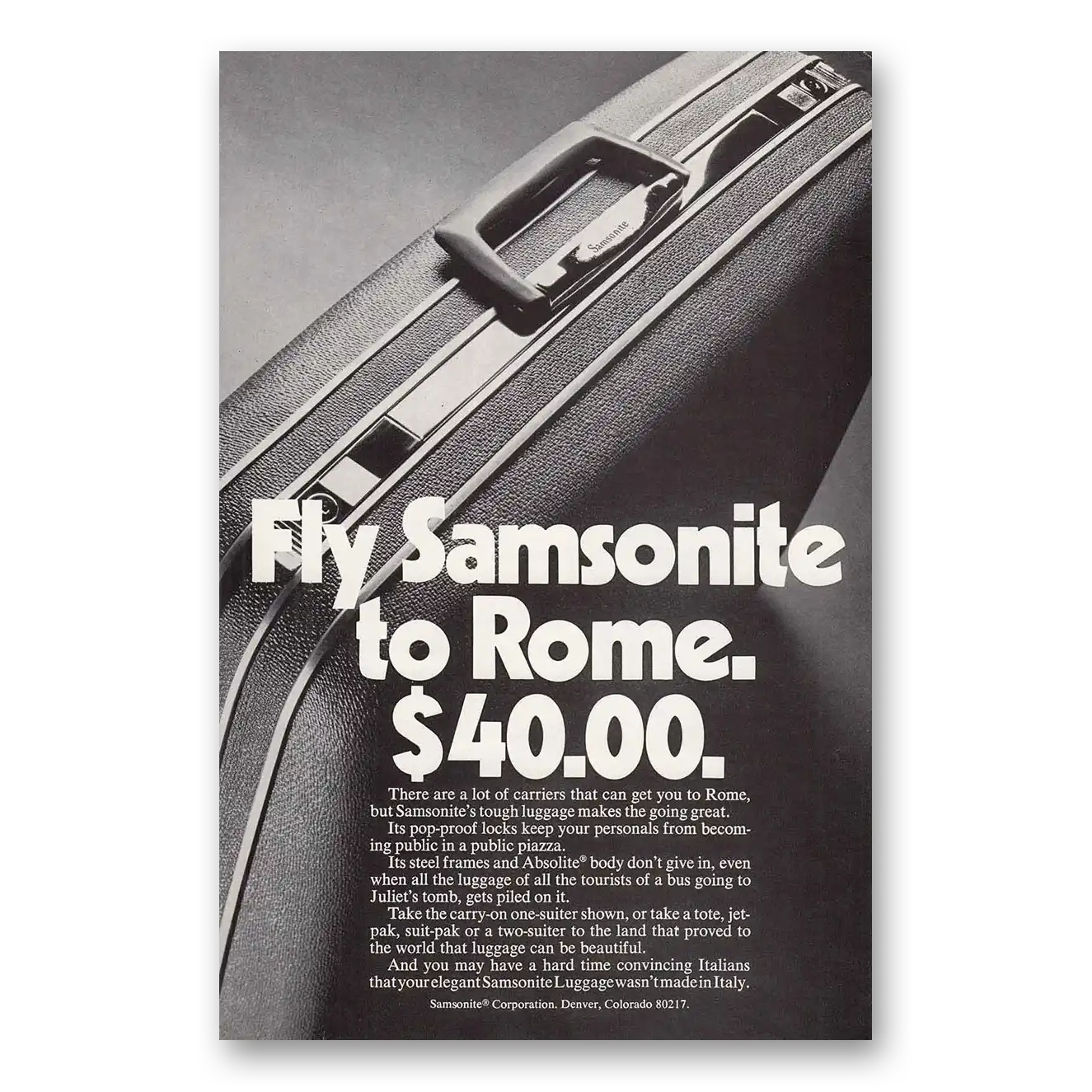 1970 Samsonite Luggage Fly Samsonite to Rome Vintage Magazine Print Ad