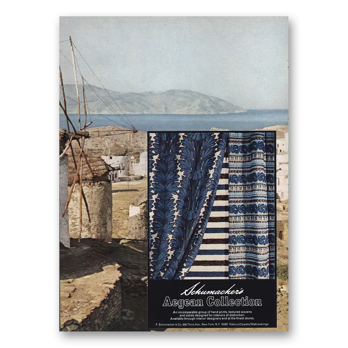 1970 Schumacher Fabrics Aegean Collection Vintage Magazine Print Ad