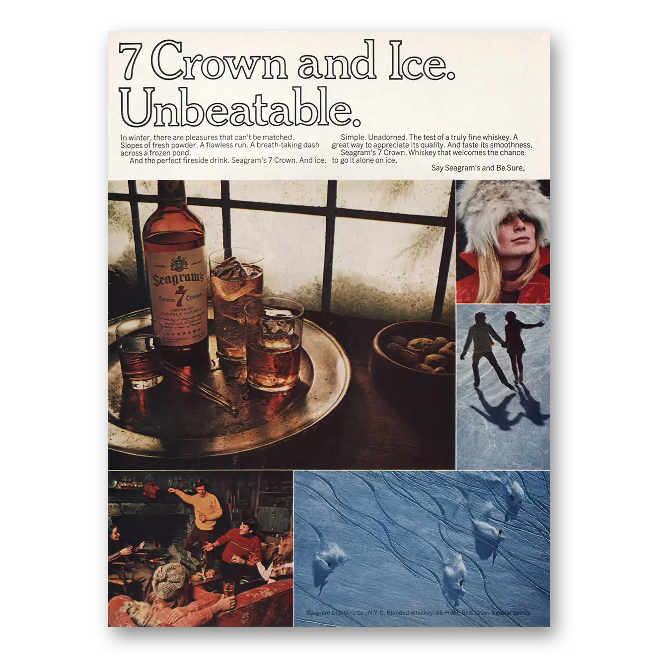 1970 Seagrams 7 Crown Whiskey Crown and Ice Unbeatable Vintage Magazine Print Ad