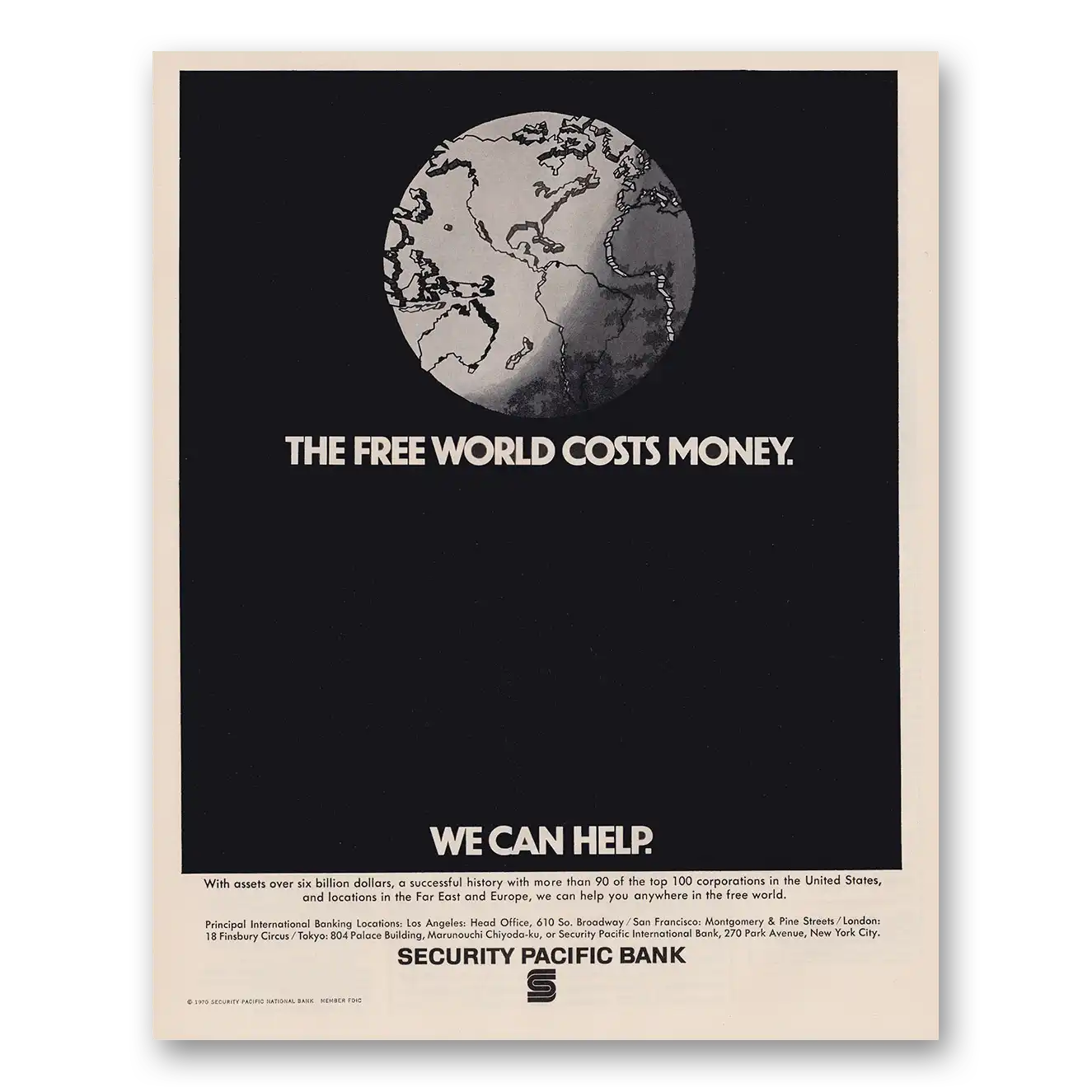 1970 Security Pacific Bank Free World Costs Money Vintage Magazine Print Ad