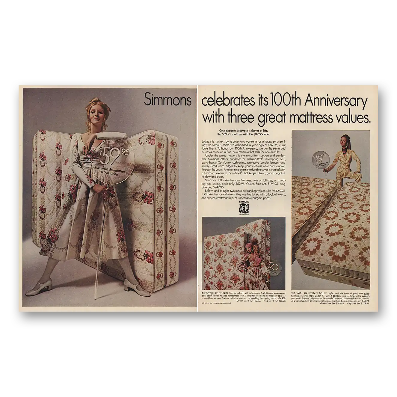 1970 Simmons Bed Mattresses Celebrates 100th Anniversary Vintage Magazine Print Ad