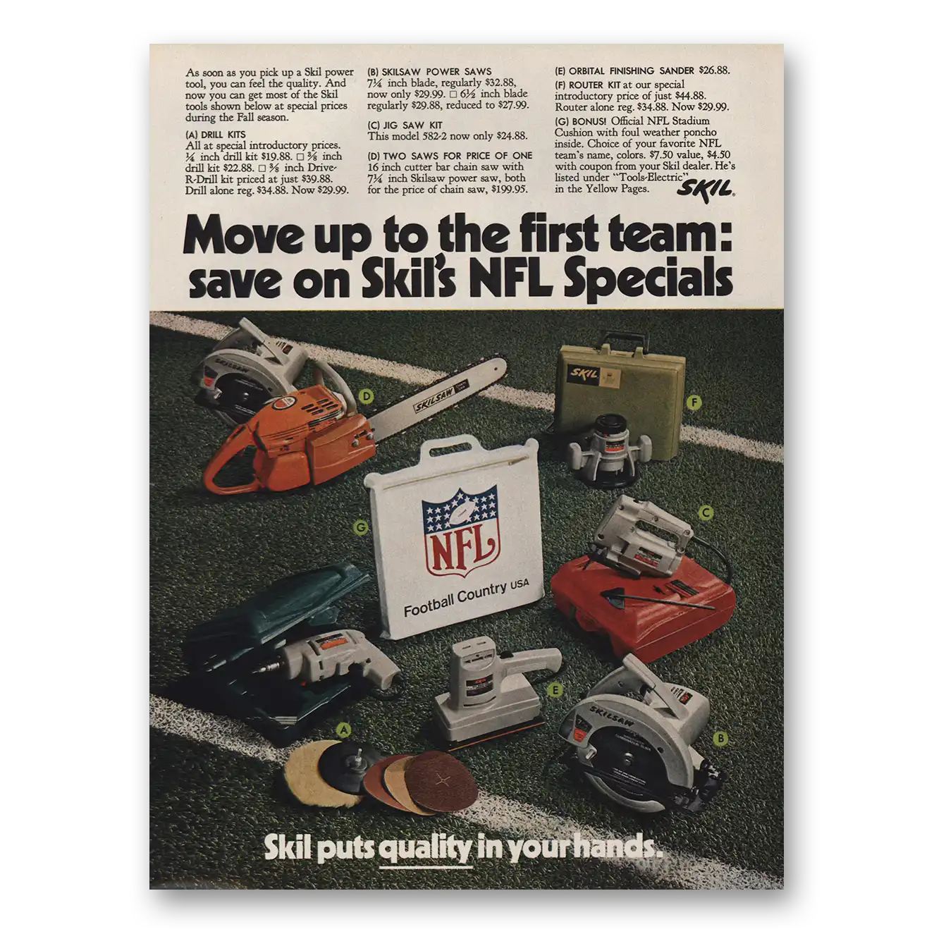 1970 Skil Power Tools Move Up to the First Team NFL Vintage Magazine Print Ad