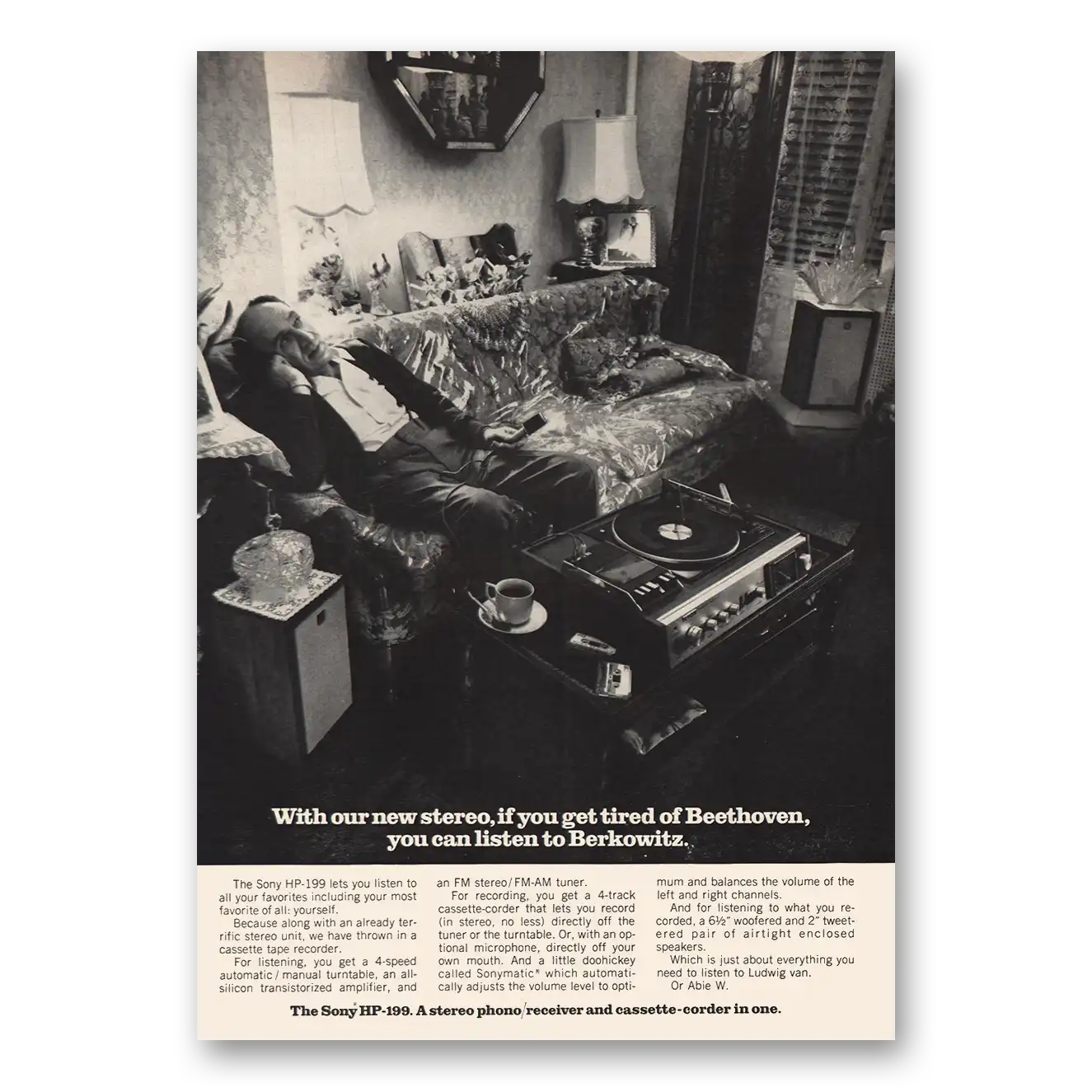 1970 Sony Stereo Listen to Berkowitz Vintage Magazine Print Ad