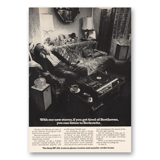 1970 Sony Stereo Listen to Berkowitz Vintage Magazine Print Ad