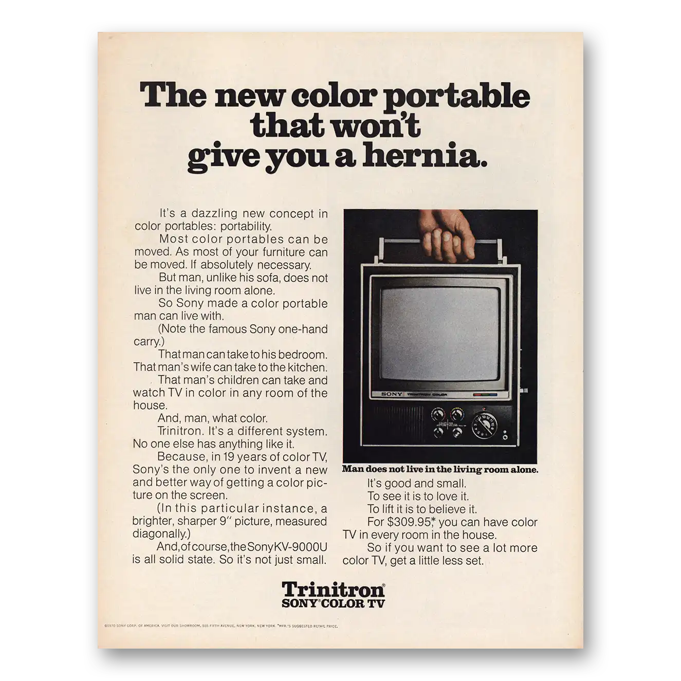 1970 Sony Trinitron New Color Portable Wont Give You a Hernia Vintage Magazine Print Ad