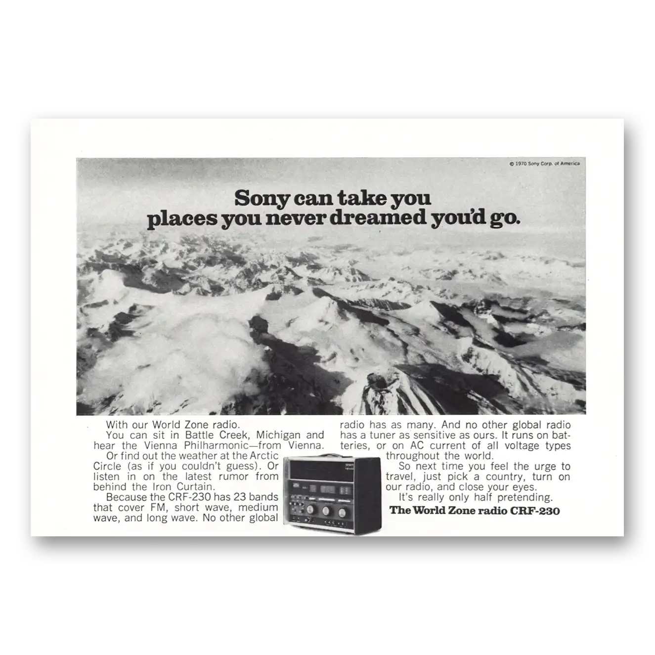 1970 Sony Stereo World Zone Radio Places You Never Dreamed Vintage Magazine Print Ad