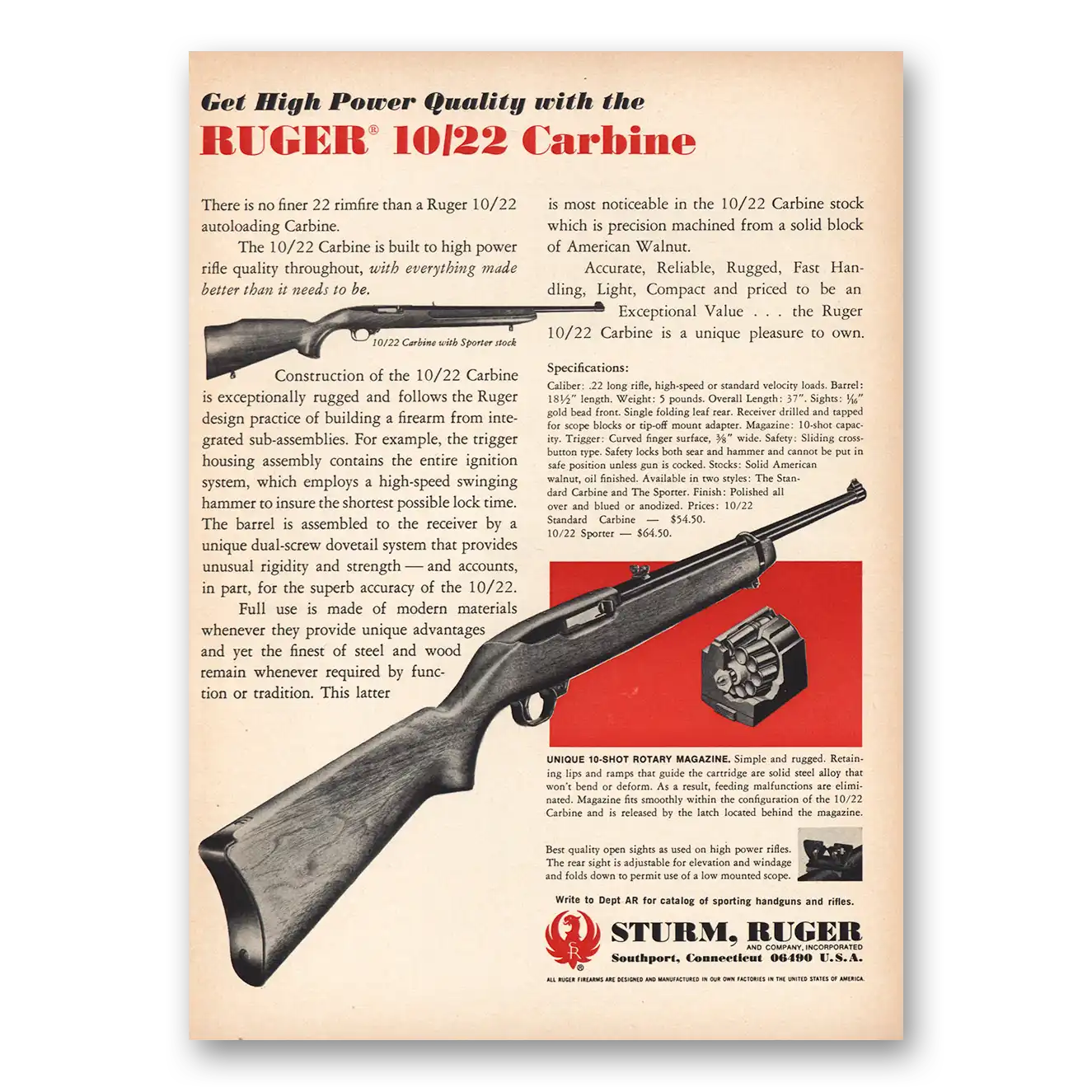 1970 Sturm Ruger Rifles Roger 10 22 Carbine Vintage Magazine Print Ad