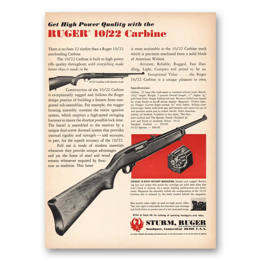 1970 Sturm Ruger Rifles Roger 10 22 Carbine Vintage Magazine Print Ad