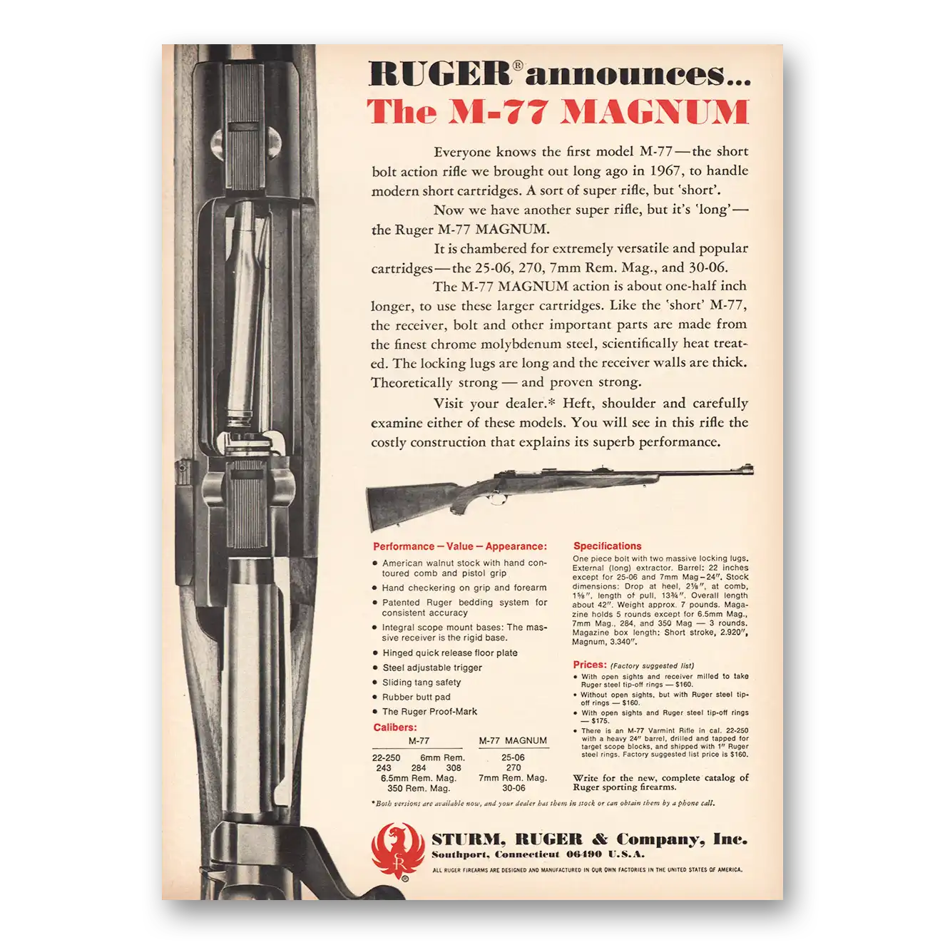 1970 Sturm Ruger Rifles M77 Magnum Vintage Magazine Print Ad