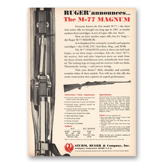 1970 Sturm Ruger Rifles M77 Magnum Vintage Magazine Print Ad