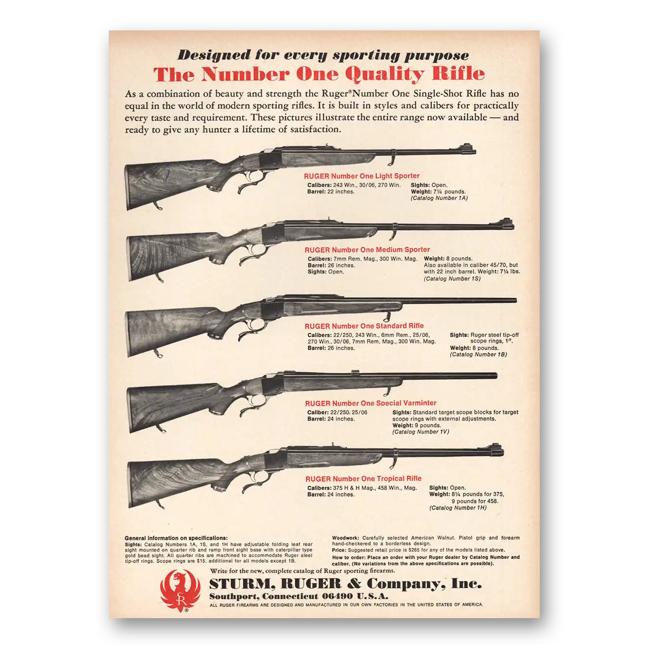 1970 Sturm Ruger Rifles Number One Quality Rifle Vintage Magazine Print Ad