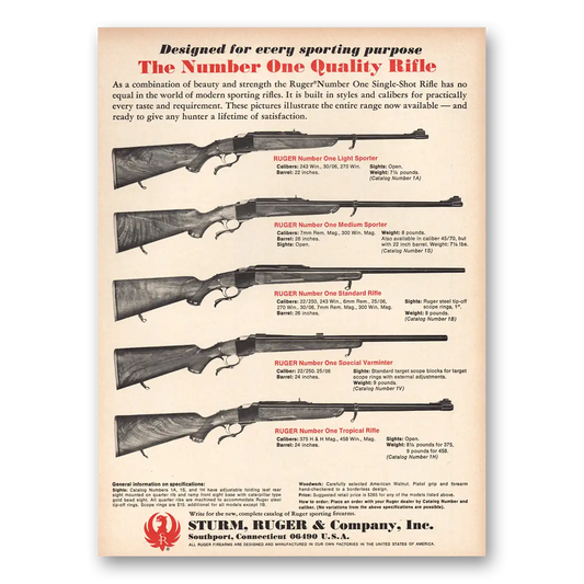 1970 Sturm Ruger Rifles Number One Quality Rifle Vintage Magazine Print Ad