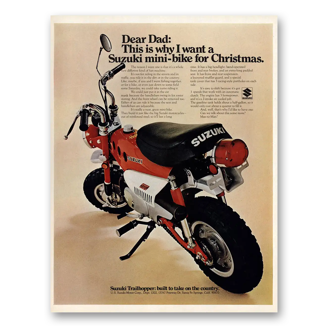 1970 Suzuki Mini Bike Dear Dad Why I Want Christmas Vintage Magazine Print Ad