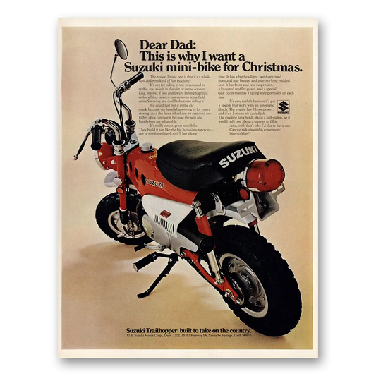 1970 Suzuki Mini Bike Dear Dad Why I Want Christmas Vintage Magazine Print Ad