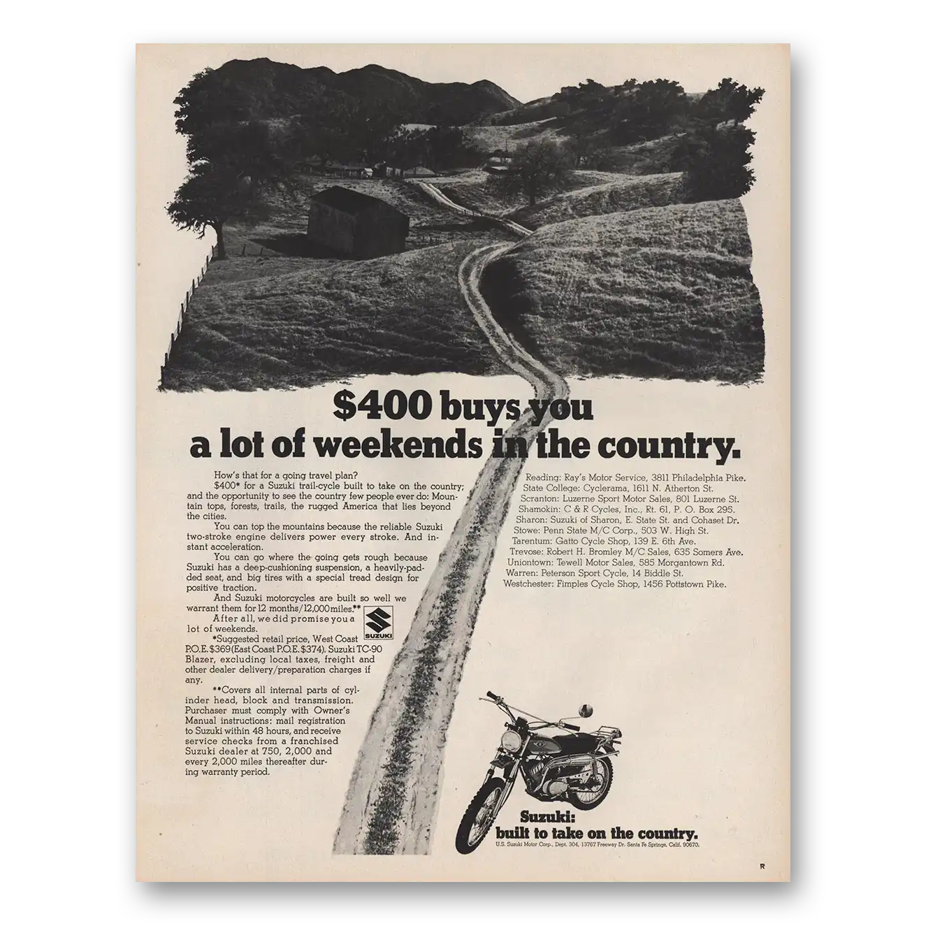 1970 Suzuki Motorcycles Lot of Weekends In the Country Vintage Magazine Print Ad