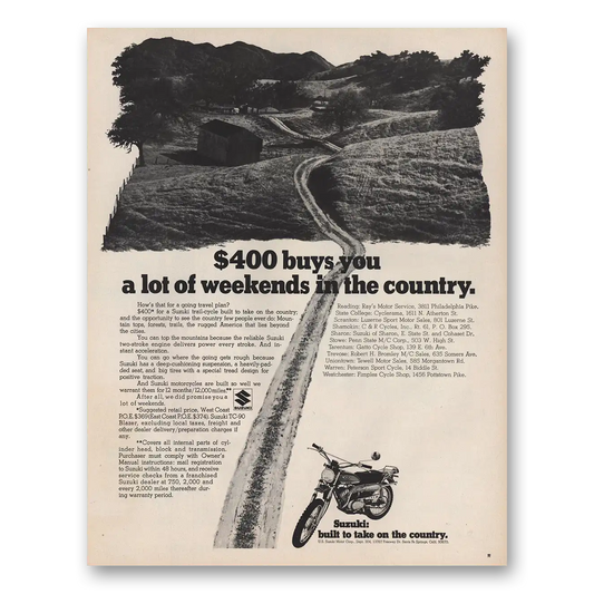 1970 Suzuki Motorcycles Lot of Weekends In the Country Vintage Magazine Print Ad