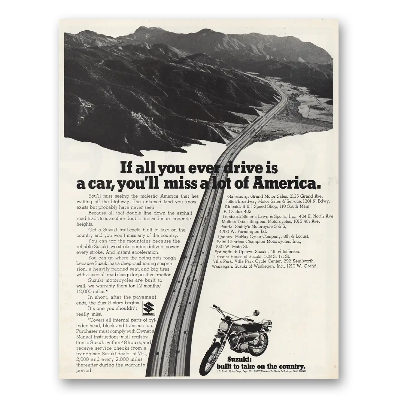 1970 Suzuki Motorcycles All You Ever Drive Is a Car Vintage Magazine Print Ad