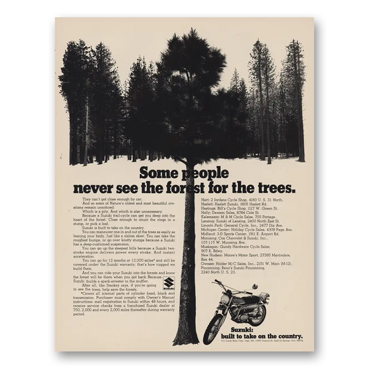 1970 Suzuki Motorcycles See Forest for the Trees Vintage Magazine Print Ad