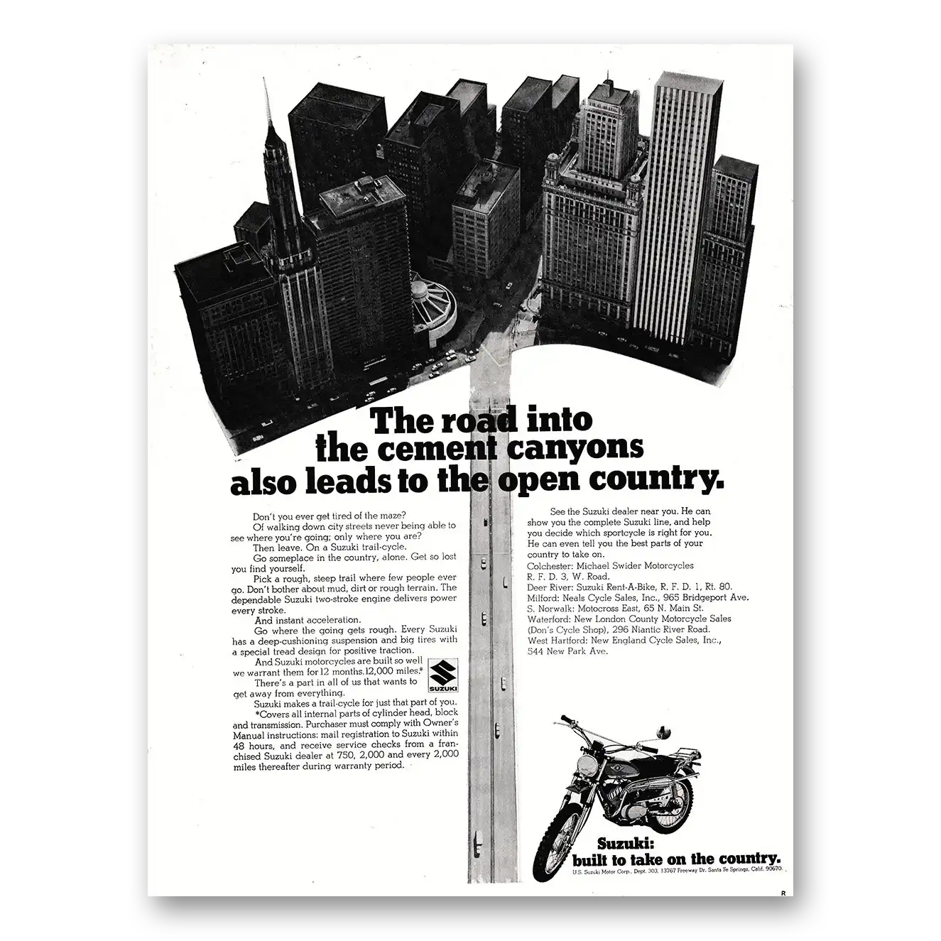 1970 Suzuki Motorcycles Road Into the Cement Canyons Vintage Magazine Print Ad