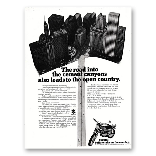 1970 Suzuki Motorcycles Road Into the Cement Canyons Vintage Magazine Print Ad