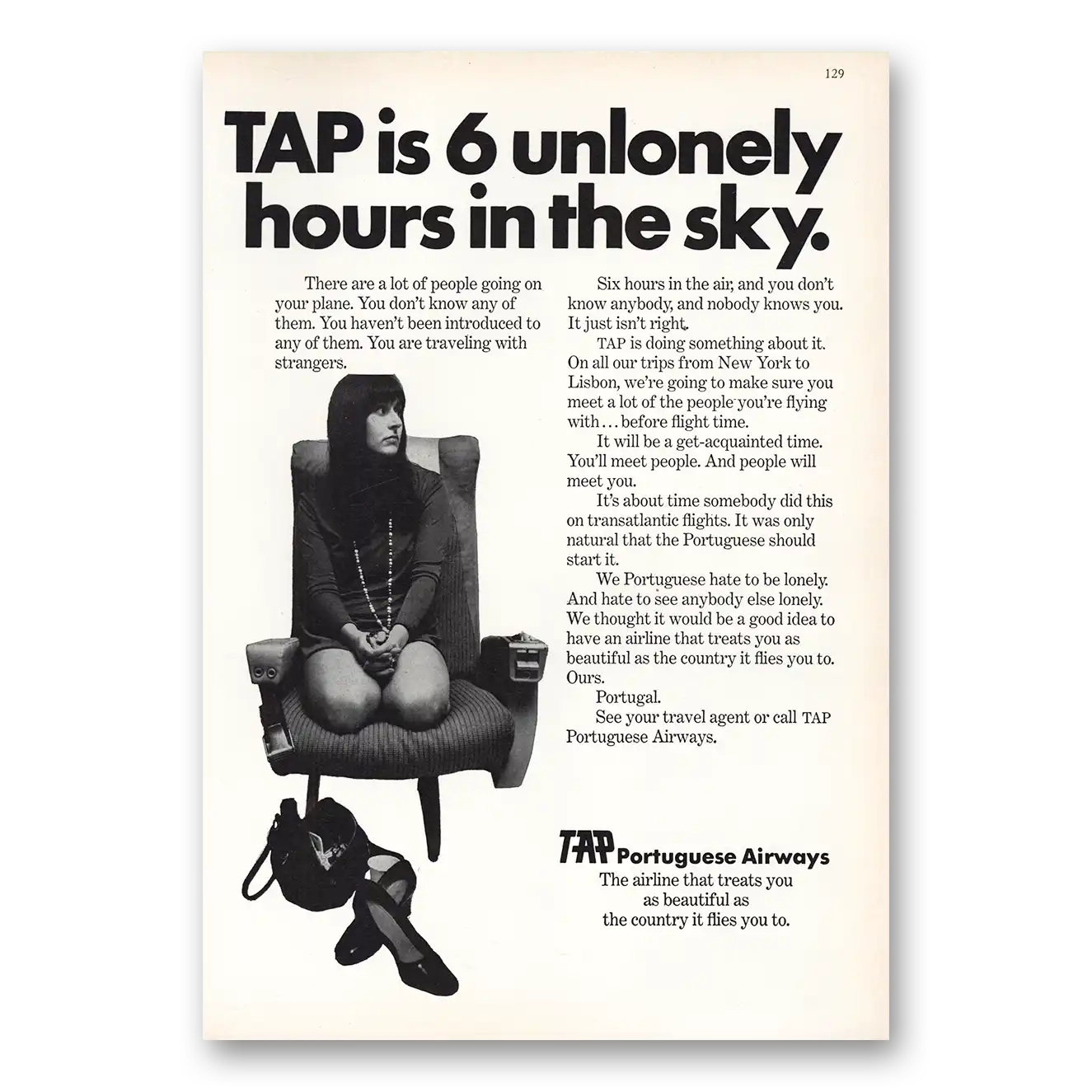 1970 TAP Portuguese Airways 6 Unlonely Hours Vintage Magazine Print Ad