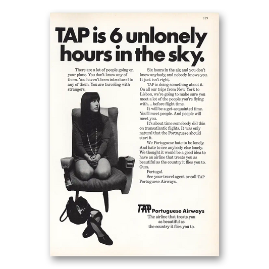 1970 TAP Portuguese Airways 6 Unlonely Hours Vintage Magazine Print Ad