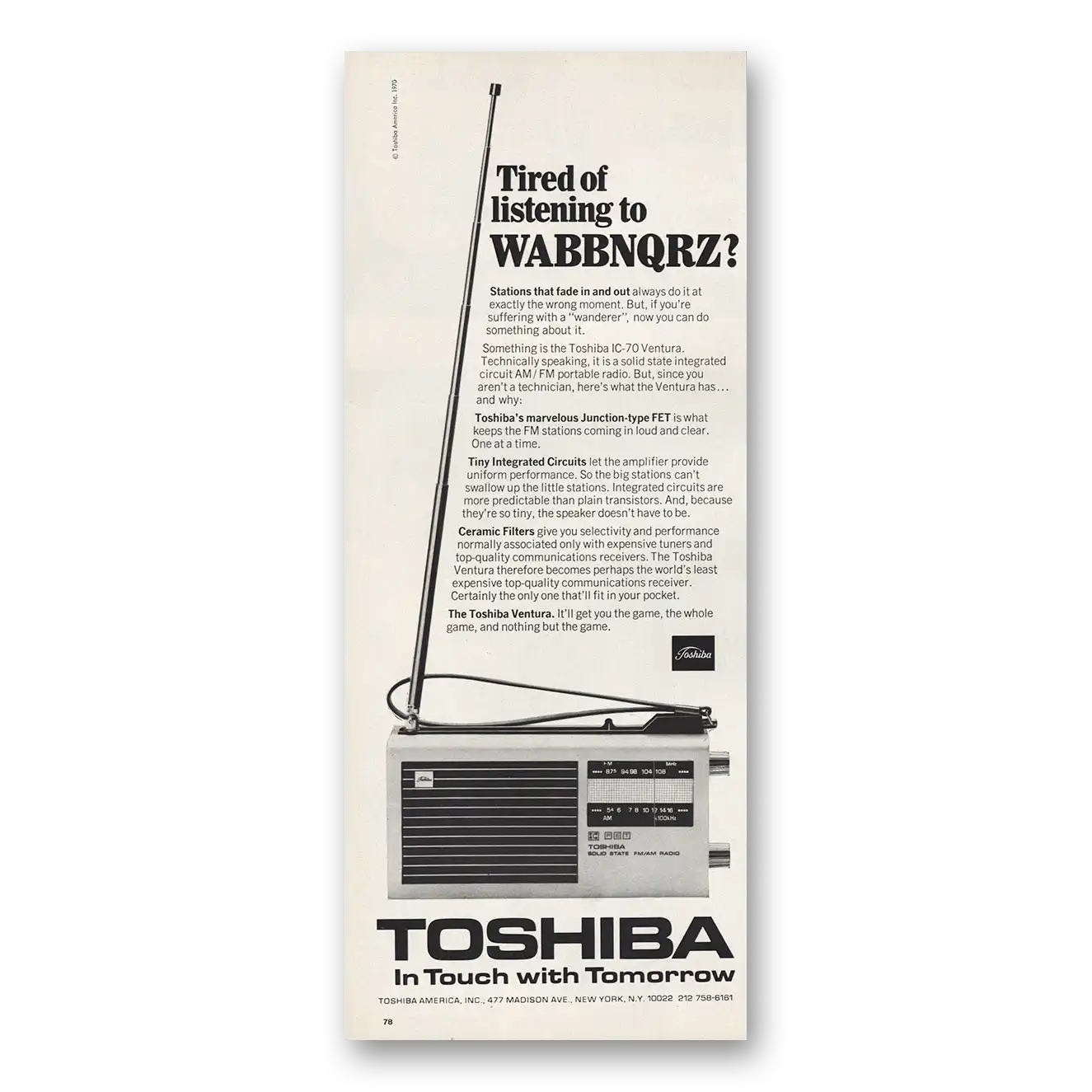 1970 Toshiba Radio Tired of Listening to WABBNQRZ Vintage Magazine Print Ad